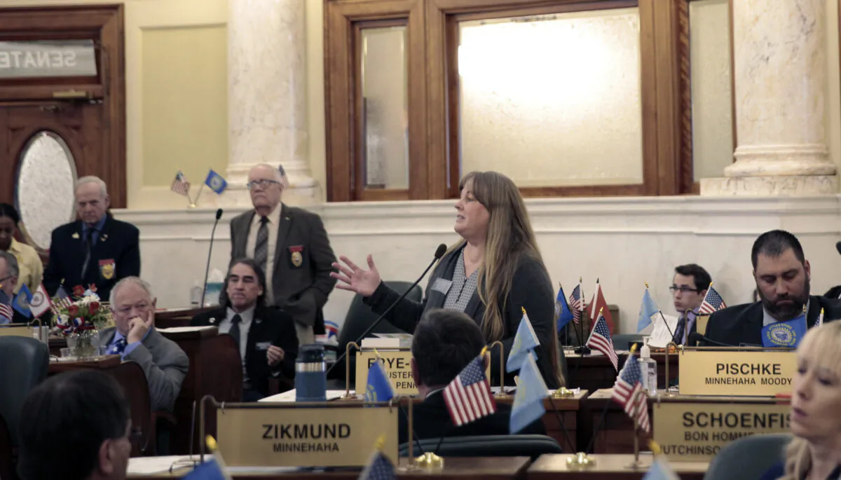 South Dakota Sen. Julie Frye-Mueller speaks in a Senate session in Pierre, S.D. on Jan. 26, 2023. (Amancai Biraben/AP Photo)
