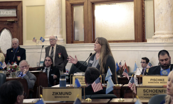 South Dakota Sen. Julie Frye-Mueller speaks in a Senate session in Pierre, S.D. on Jan. 26, 2023. (Amancai Biraben/AP Photo)