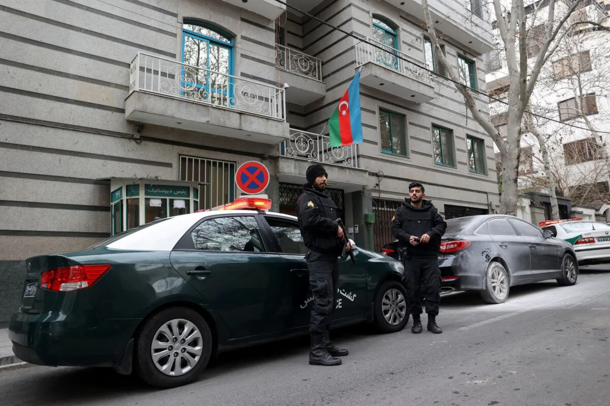 A general view outside the Embassy of the Republic of Azerbaijan after an attack on it, in Tehran, Iran, on Jan. 27, 2023. (Majid Asgaripour/WANA (West Asia News Agency)