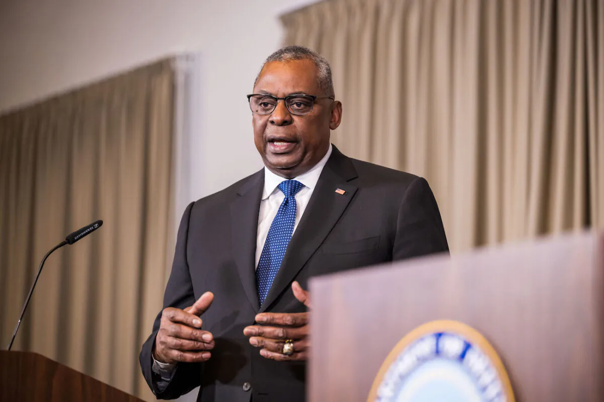U.S. Secretary of Defense Lloyd Austin speaks to the media at Ramstein Air Base in Ramstein-Miesenbach, Germany, on Jan. 20, 2023. (Thomas Lohnes/Getty Images)
