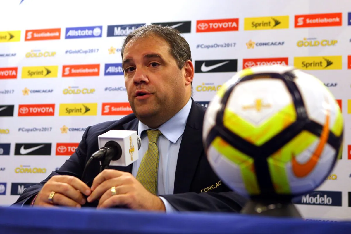 CONCACAF president Victor Montagliani addresses the media before a Gold Cup game between Canada and French Guiana at Red Bull Arena in Harrison, N.J., on July 7, 2017. (Brad Penner/USA TODAY Sports via Reuters)
