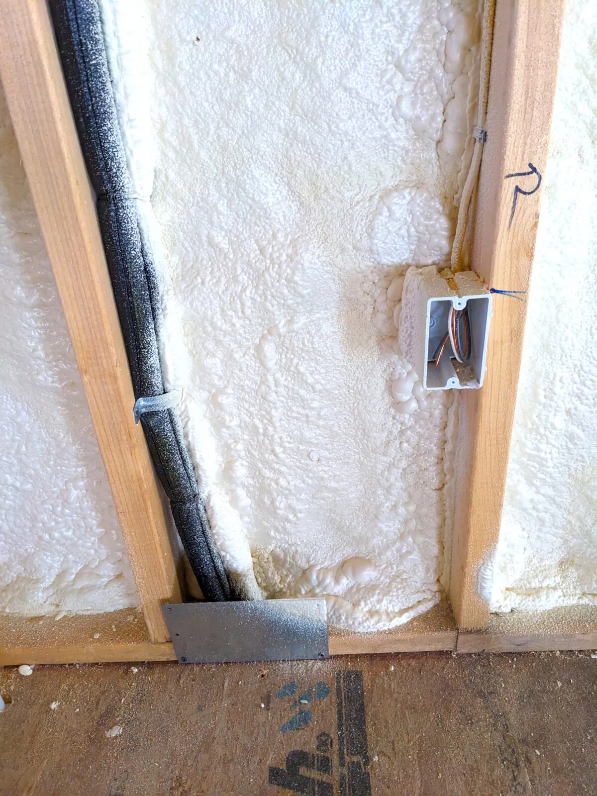 This is closed-cell foam insulation. The entire wall cavity is not filled because it may be step one of a hybrid combination of foam plus fiberglass. (Tim Carter/Tribune Content Agency)