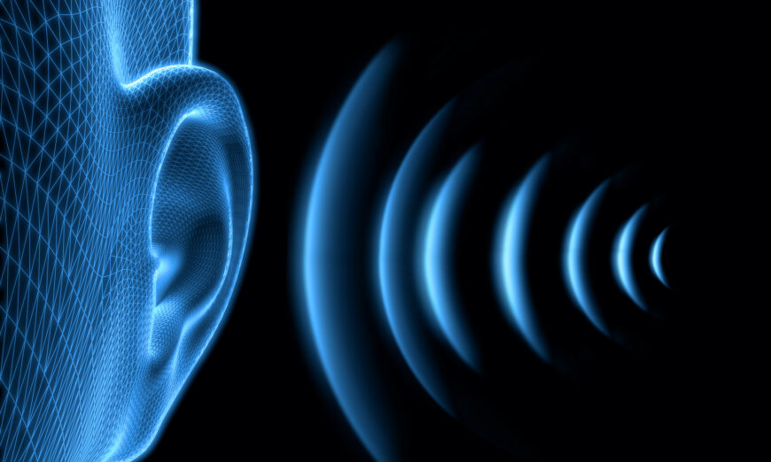 Human ear wireframe illustration with sound waves. (Shutterstock)