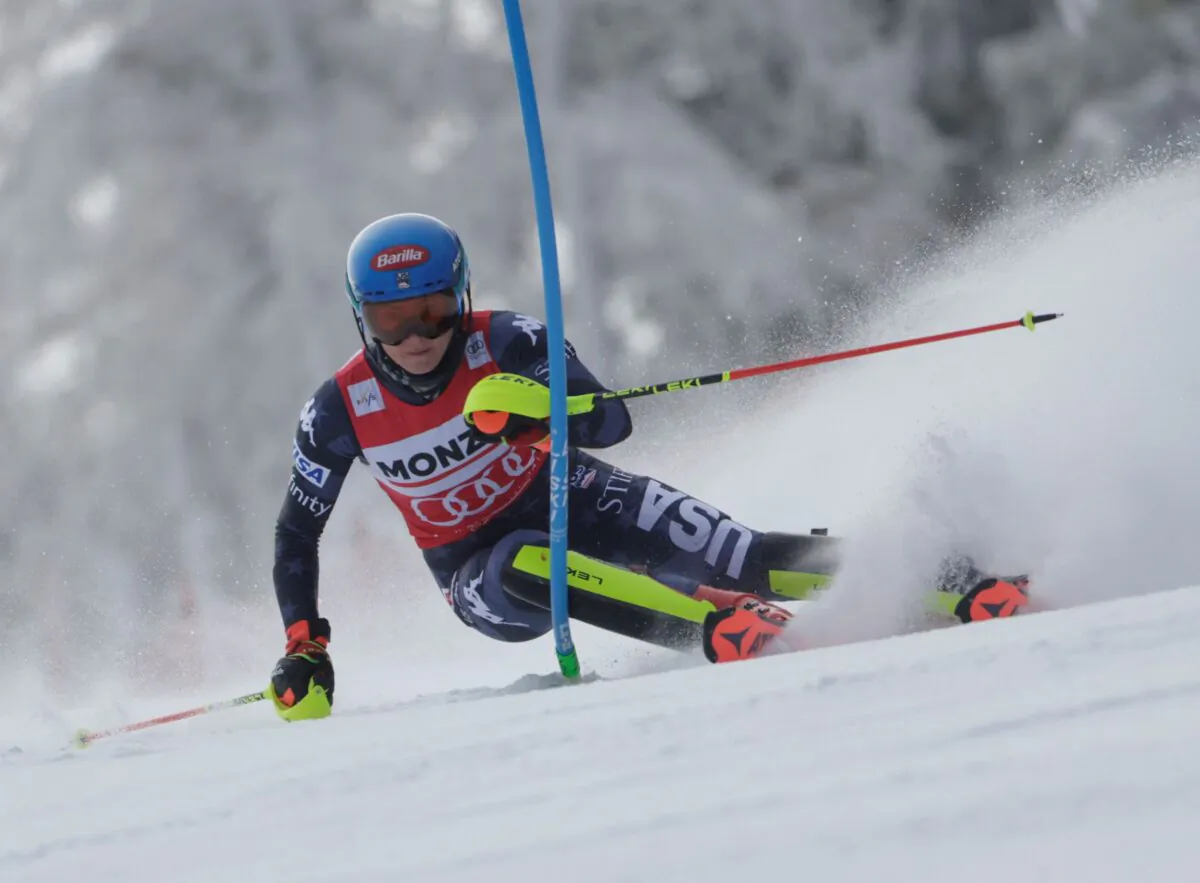 United States' Mikaela Shiffrin speeds down the course during an alpine ski, women's World Cup slalom, in Spindleruv Mlyn, Czech Republic, on Jan. 28, 2023. (Giovanni Maria Pizzato/AP Photo)