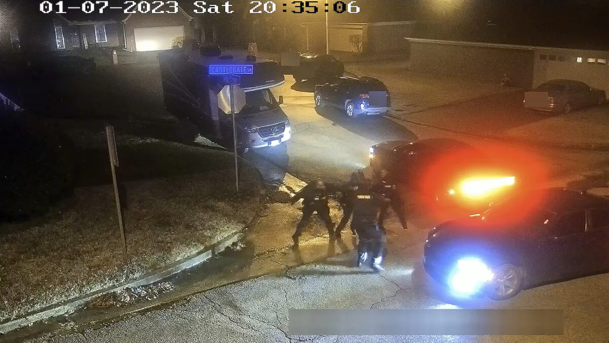 Tyre Nichols during a brutal attack by five Memphis police officers in Memphis, on Jan. 7, 2023. (City of Memphis via AP)