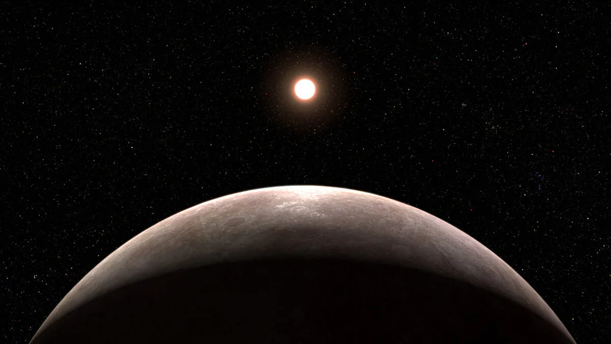 An illustration shows exoplanet LHS 475 b and its star. (NASA/ESA/CSA)