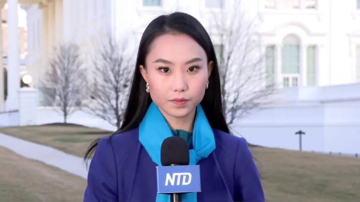 Iris Tao, a reporter for The Epoch Times' sister media NTD, reports from the White House on Jan. 27, 2023. (NTD/Screenshot via The Epoch Times) 