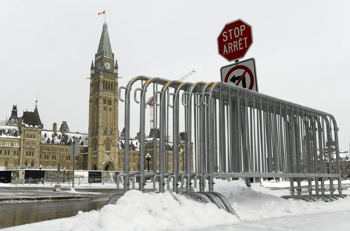 Fencing is seen on Parliament Hill in Ottawa, one year after the Freedom Convoy protests took place, on Jan. 27, 2023. (The Canadian Press/Justin Tang)
