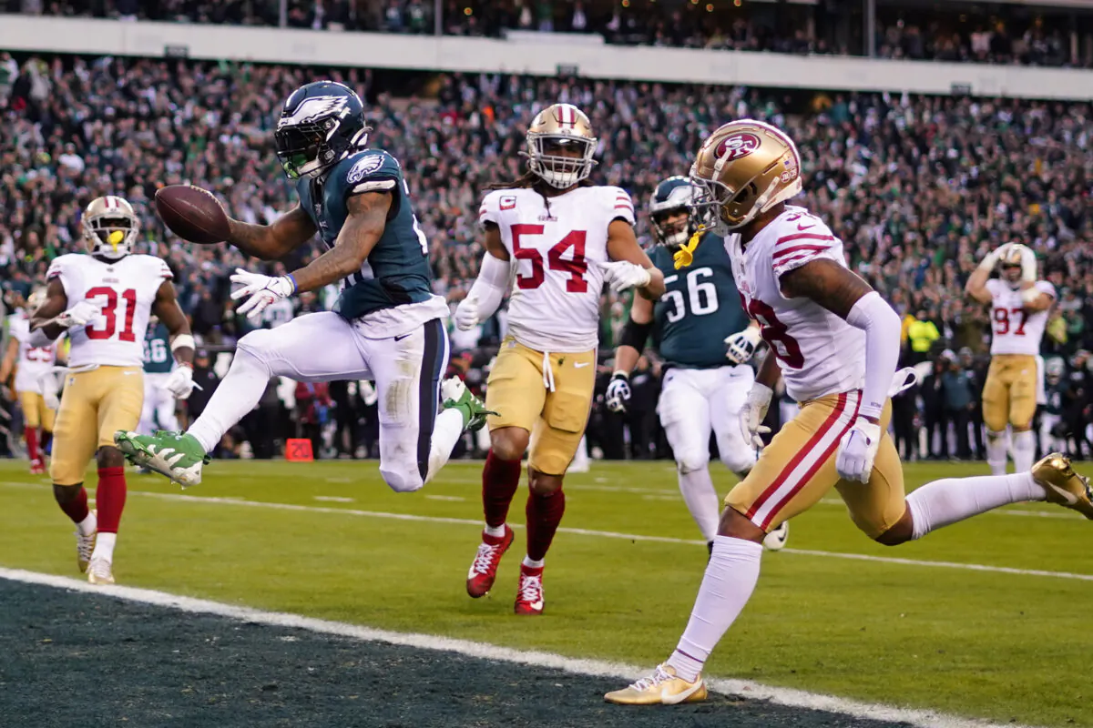 Philadelphia Eagles running back Miles Sanders celebrates after scoring during the first half of the NFC Championship NFL football game between the Philadelphia Eagles and the San Francisco 49ers in Philadelphia on Jan. 29, 2023. (Matt Rourke/AP Photo)