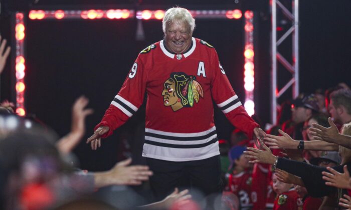 Former Chicago Blackhawks player Bobby Hull is introduced to fans during the NHL hockey team's convention in Chicago on July 26, 2019. (Amr Alfiky/AP Photo)