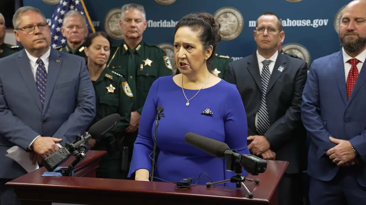 Donna Michaels speaks in support of HB543 which would allow citizens to carry concealed weapons without a permit in Florida, during a press conference in Tallahassee, Jan. 30, 2023. (Screenshot from Florida House of Representatives video)