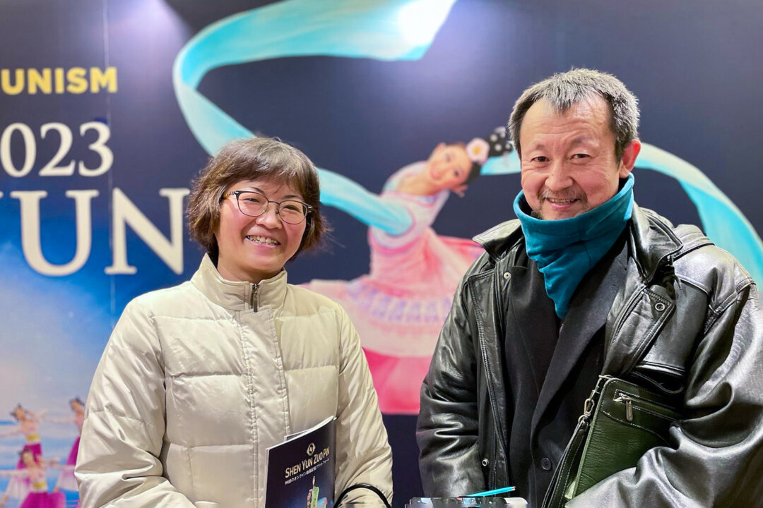 Mr. Matsuyama Hidekazu, an executive from a famous Nagoya construction company, and his wife Mrs. Matsuyama Junko, attend Shen Yun Performing Arts at the Aichi Prefectural Art Theater, in Nagoya, Japan, on Jan. 29, 2023. (Niu Bin/The Epoch Times)