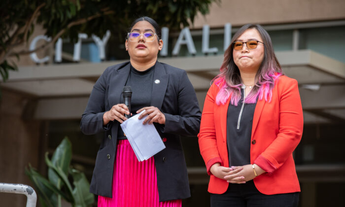 Santa Ana Mayor Pro Tem Jessie Lopez (L) and Councilwoman Thai Viet Phan speak about recalls against them at City Hall in Santa Ana, Calif., on Jan. 30, 2023. (John Fredricks/The Epoch Times)
