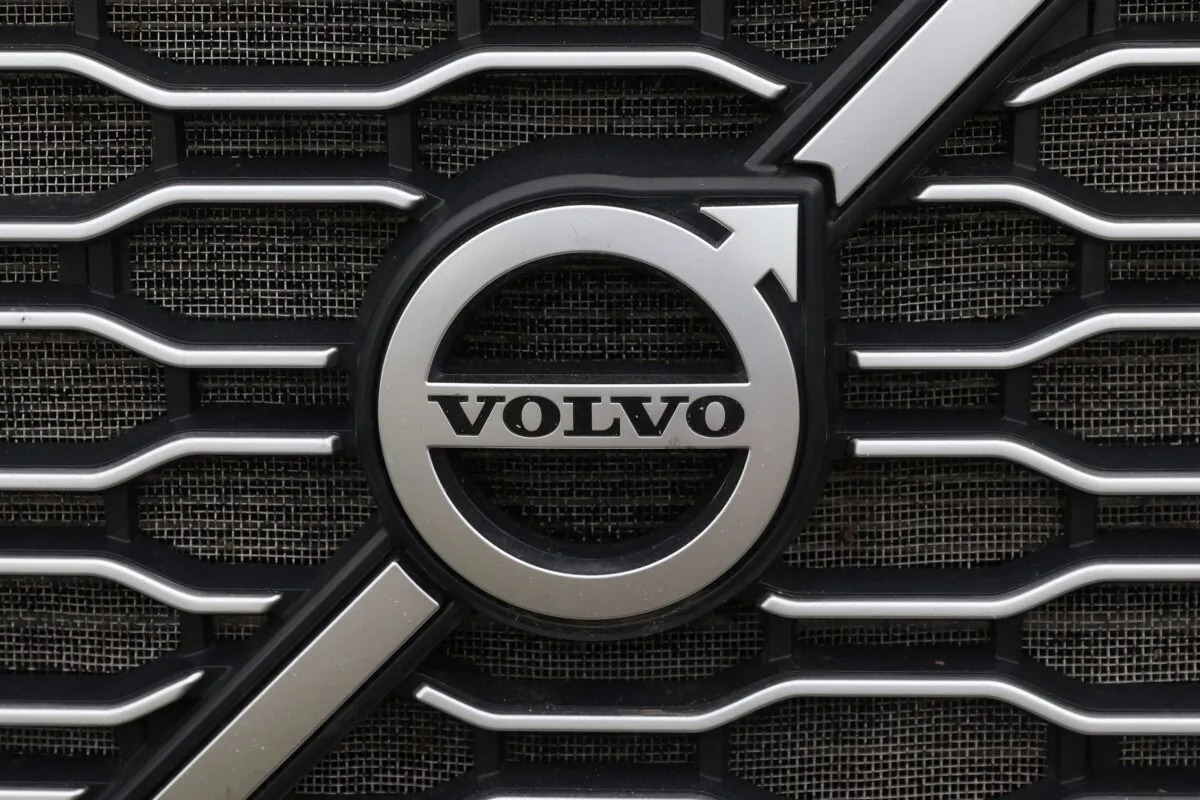 The Volvo logo is seen in truck for sale in Linden, N.J., on May 23, 2022. (Andrew Kelly/Reuters)