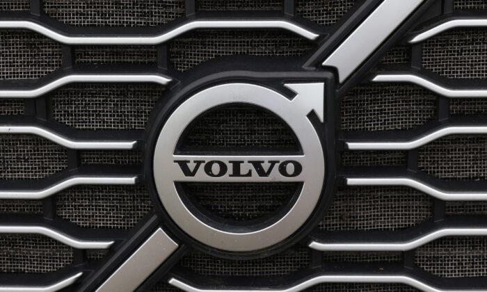 The Volvo logo is seen in truck for sale in Linden, N.J., on May 23, 2022. (Andrew Kelly/Reuters)