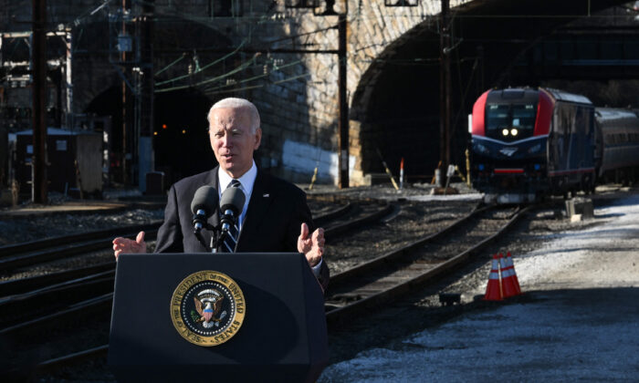 President Joe Biden delivers remarks on how the Bipartisan Infrastructure Law will provide funding to replace the 150-year-old Baltimore and Potomac Tunnel, at the Baltimore and Potomac Tunnel North Portal in Baltimore, Maryland, on Jan. 30, 2023. (Mandel Ngan/AFP) 