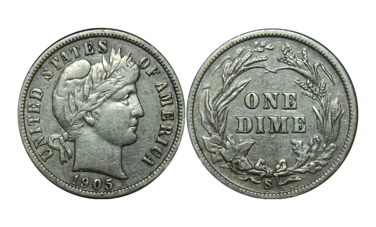 1905 Barber dime. (Daniel D Malone/shutterstock)