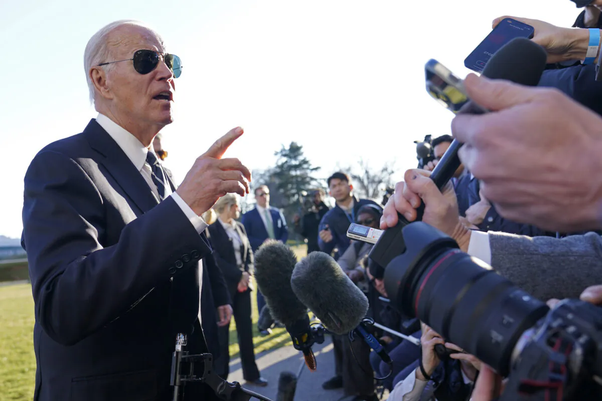 President Joe Biden talks with reporters on the South Lawn of the White House in Washington, on Jan. 30, 2023. (Susan Walsh/AP Photo)