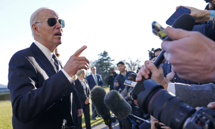 President Joe Biden talks with reporters on the South Lawn of the White House in Washington, on Jan. 30, 2023. (Susan Walsh/AP Photo)