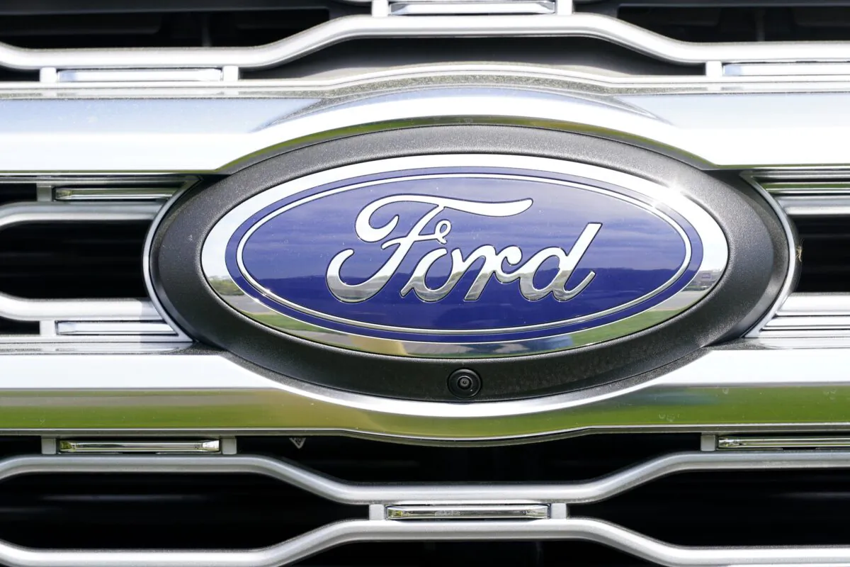 A logo on a vehicle at a Ford dealership in Springfield, Pa., on April 26, 2022. (Matt Rourke/AP Photo)