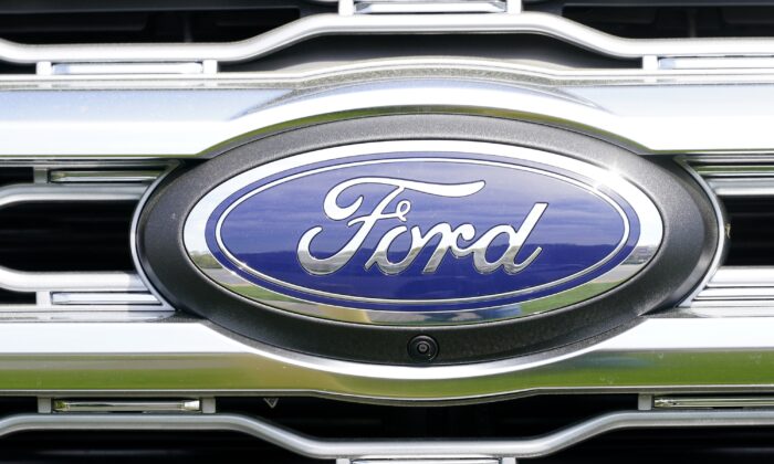 A logo on a vehicle at a Ford dealership in Springfield, Pa., on April 26, 2022. (Matt Rourke/AP Photo)