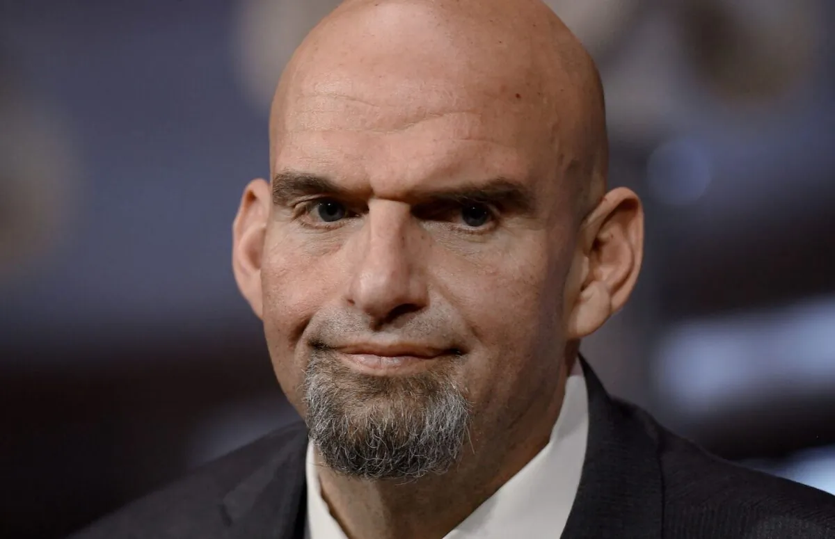 Sen. John Fetterman (D-Pa.) when he was ceremonially sworn in by Vice President Kamala Harris for the 118th Congress in the Old Senate Chamber at the Capitol in Washington, on Jan. 3, 2023. (Olivier Douliery/AFP via Getty Images)