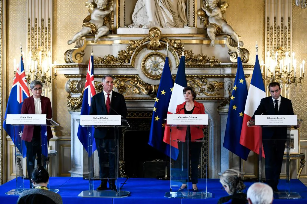 (L to R) Australian Foreign Minister Penny Wong, Australian Defence Minister Richard Marles, French Foreign and European Affairs Minister Catherine Colonna, and French Armies Minister Sebastien Lecornu attend a press conference after a joint meeting at Quai dOrsay in Paris, on Jan. 30, 2023. (Stephane De Sakutin/AFP via Getty Images)