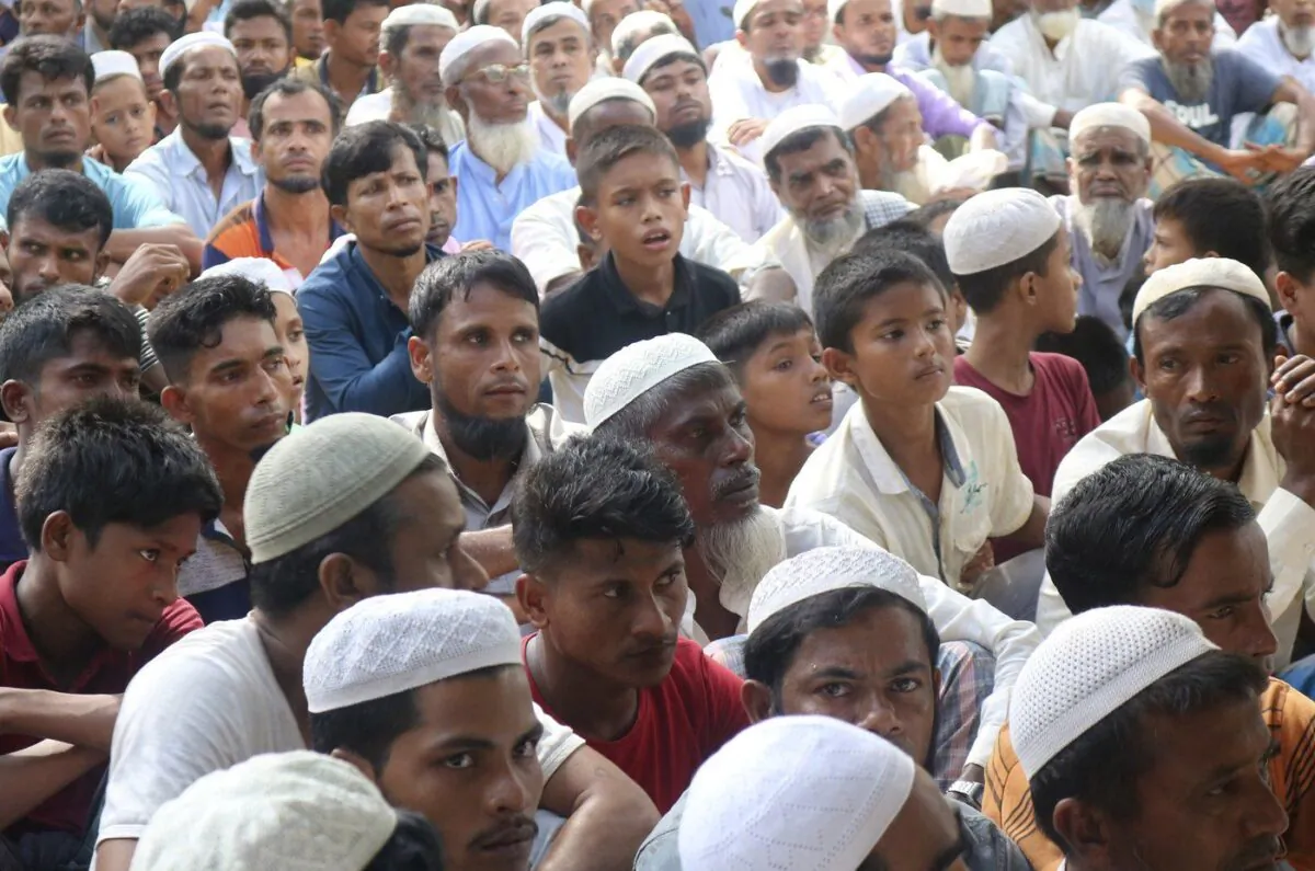 Rohingya refugees gather to mark the fifth anniversary of their exodus from Myanmar to Bangladesh, at a Rohingya refugee camp in Cox's Bazar district, Bangladesh, Aug. 25, 2022. (The Canadian Press/ Shafiqur Rahman)
