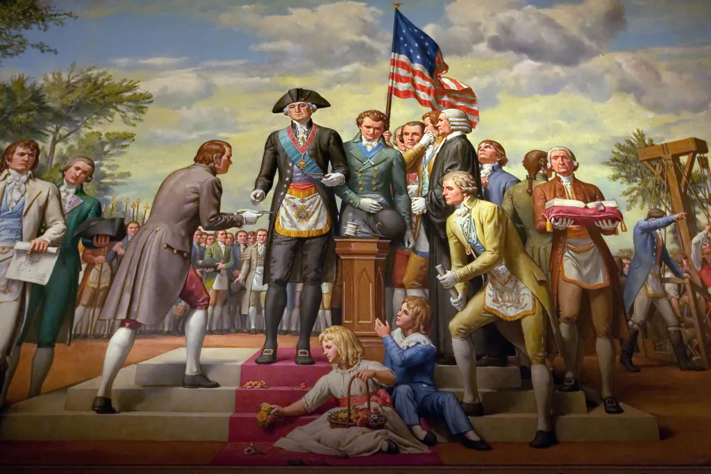 A mural depicts President George Washington as he lays the cornerstone of the U.S. Capitol on Sept. 18, 1793. (SAUL LOEB/AFP via Getty Images)
