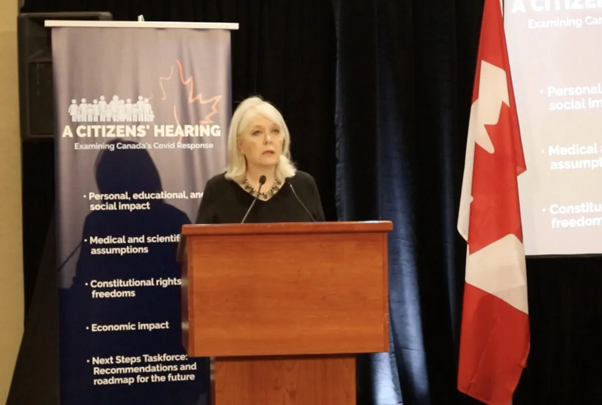 Trish Wood moderates the Citizens' Hearing held in Toronto on June 22, 2022. Wood is spokesperson for the upcoming National Citizens' Inquiry. (Screenshot/The Epoch Times)