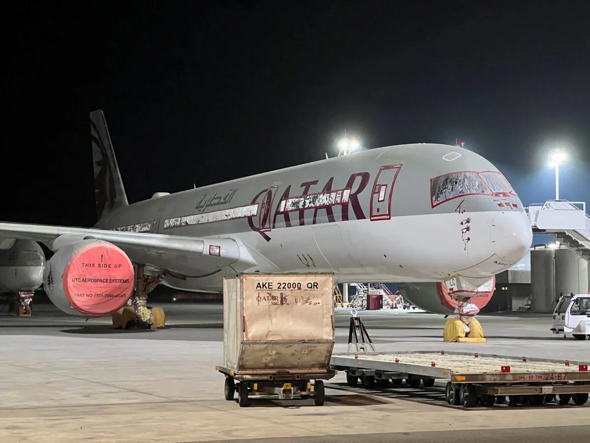 Tthe Qatar Airways' airbus A350 parked outside Qatar Airways maintenance hangar in Doha, Qatar, on June 20, 2022. (Imad Creidi/Reuters)