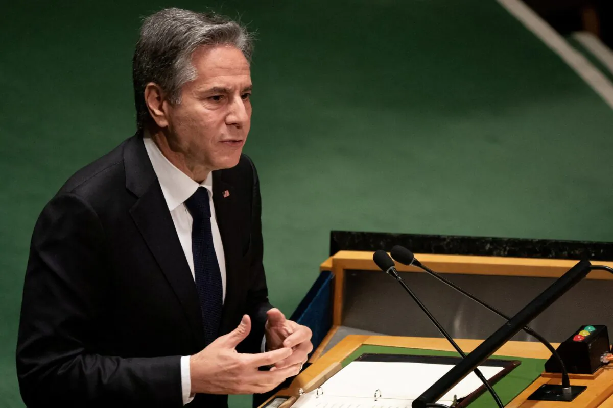 Secretary of State Antony Blinken addresses the United Nations General Assembly during the Nuclear Non-Proliferation Treaty review conference in New York on Aug. 1, 2022. (David 'Dee' Delgado/Reuters)