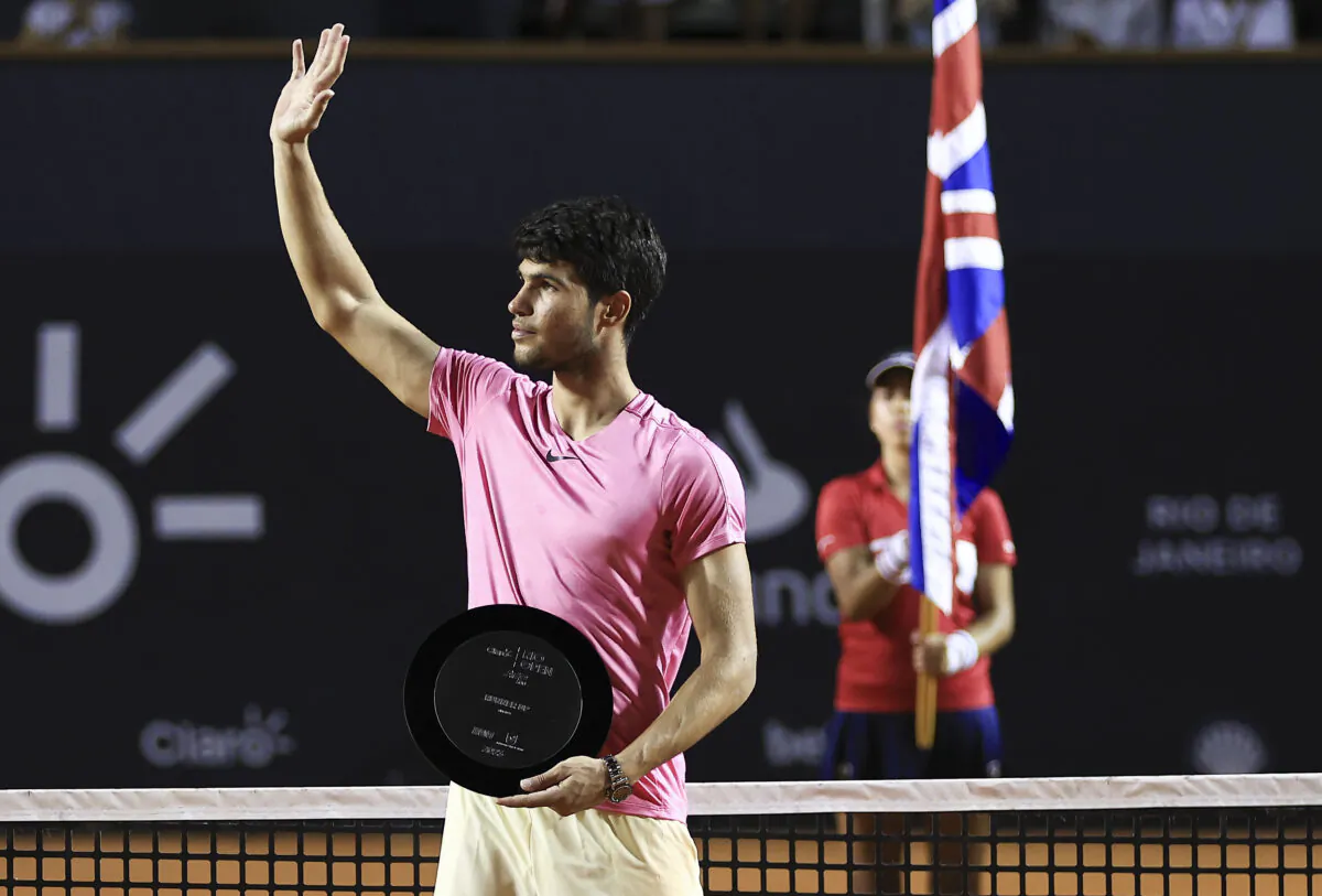 Carlos Alcaraz talks for the public after lost the final match against Cameron Norrie of Great Britain of ATP 500 Rio Open presented by Claro at Jockey Club Brasileiro in Rio de Janeiro, Brazil, on Feb. 26, 2023. (Buda Mendes/Getty Images)