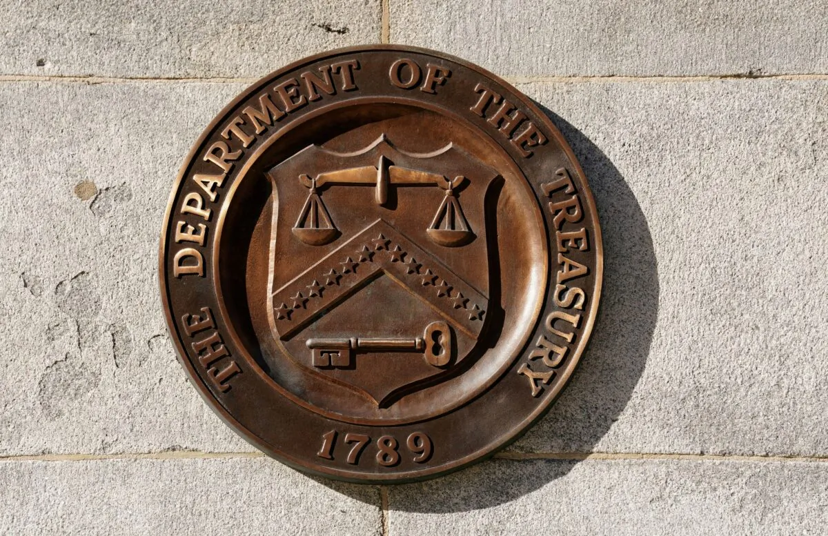 A bronze seal for the Department of the Treasury is shown at the U.S. Treasury building in Washington on Jan. 20, 2023. (Kevin Lamarque/Reuters)
