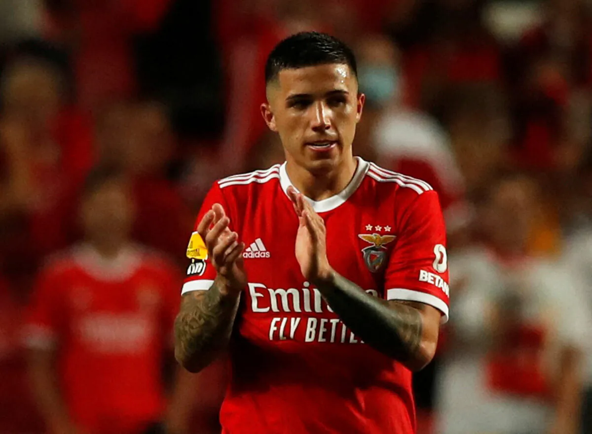 Benfica's Enzo Fernandez celebrates scoring their third goal during the Portuguese League soccer match between SL Benfica and Arouca FC at the Luz stadium in Lisbon, Portugal, on Aug. 5, 2022. (Pedro Nunes/Reuters)