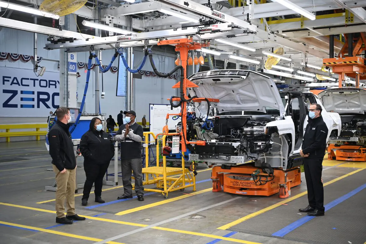 GMC Hummer EVs are seen on an assembly line ahead of a tour by the president of the General Motors Factory ZERO electric vehicle assembly plant in Detroit, Mich., on Nov. 17, 2021. (Mandel Ngan/AFP via Getty Images)