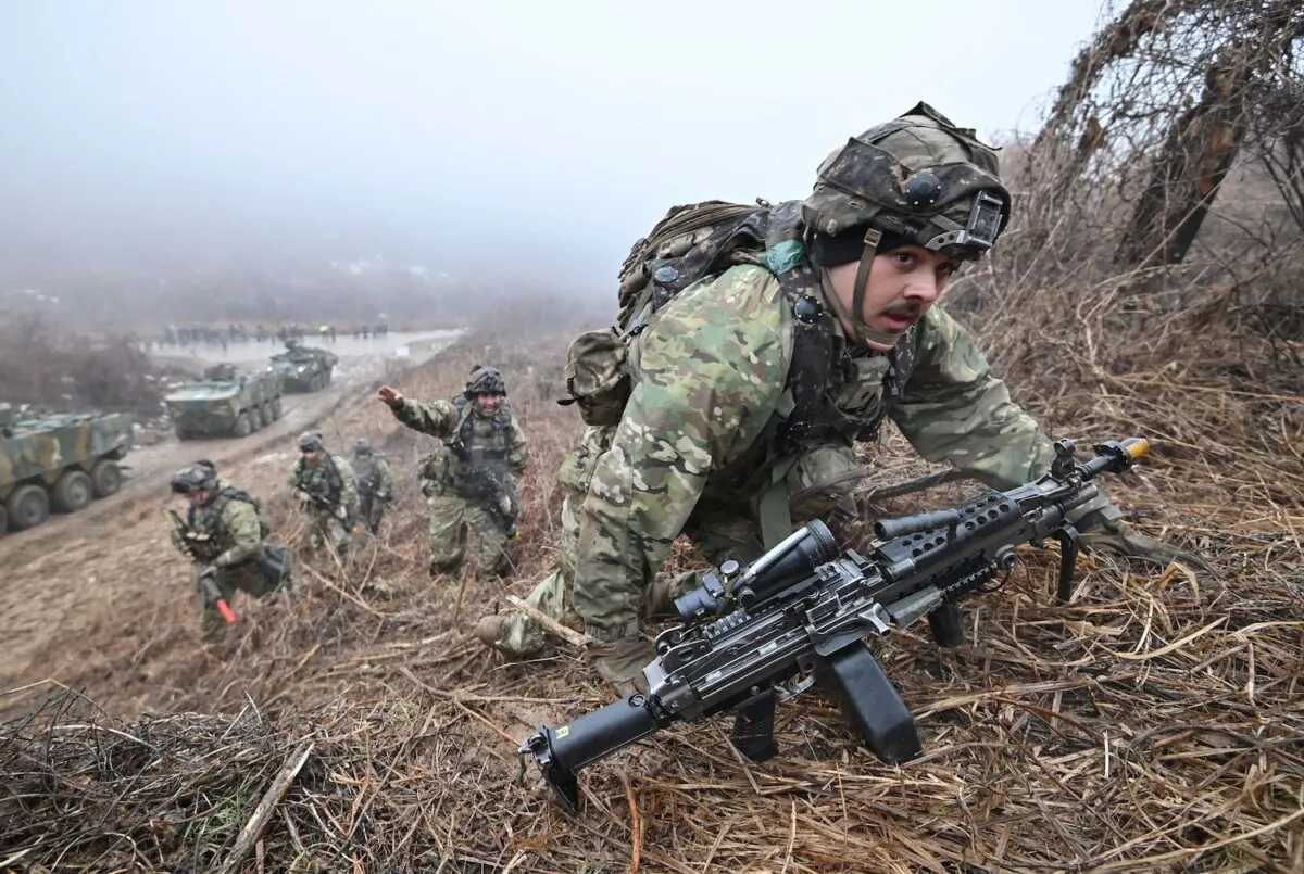 U.S. soldiers participate in a joint military drill between the U.S. 2nd Infantry Division Stryker Battalion and the ROK 25th Infantry Division Army Tiger Demonstration Brigade at a training field in Paju, South Korea on Jan. 13, 2023. (Jung Yeon-je/AFP via Getty Images)