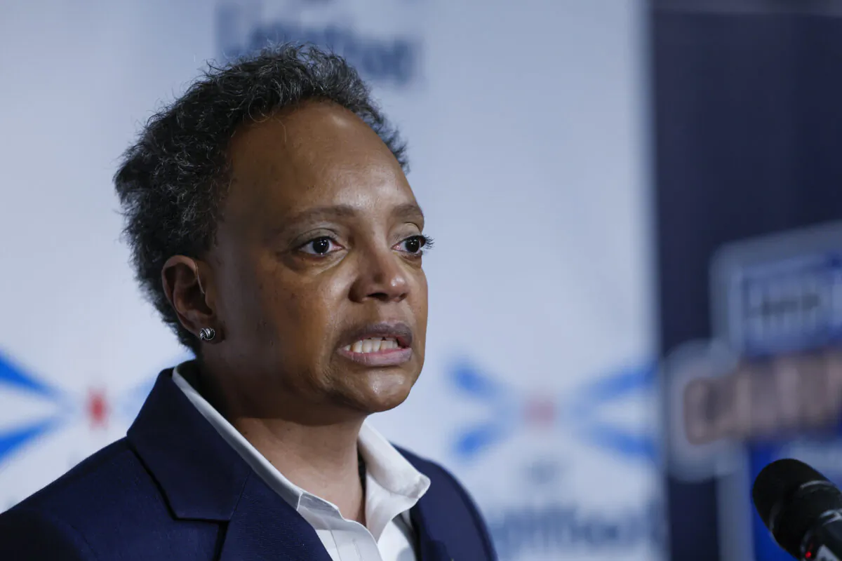 Chicago Mayor Lori Lightfoot speaks during an election night rally at Mid-America Carpenters Regional Council in Chicago, Ill., on Feb. 28, 2023. (Kamil Krzaczynski/Getty Images)
