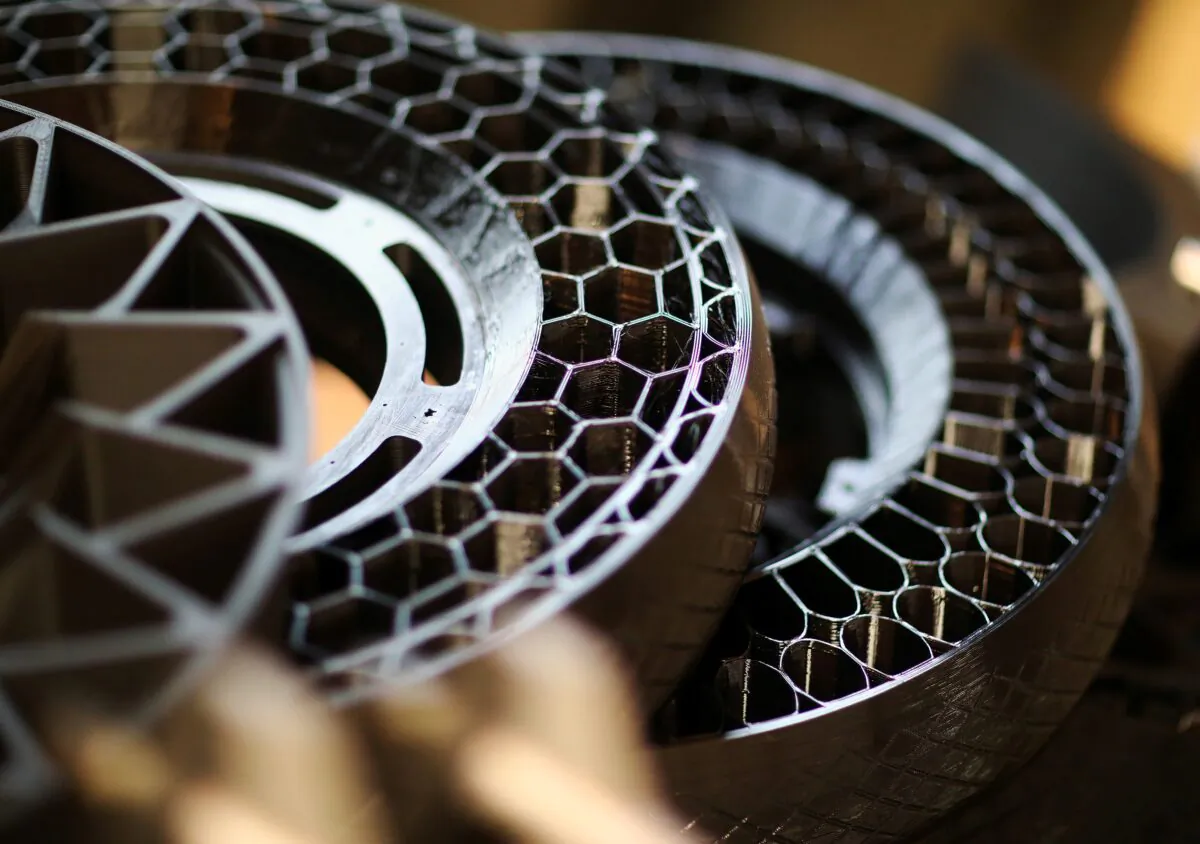 Printed wheels of the nearly completely 3D printed e-motorcycle NERA, of the German 3D printer manufacturer BigRep in Berlin on Dec. 3, 2018. (Hannibal Hanschke/Reuters)