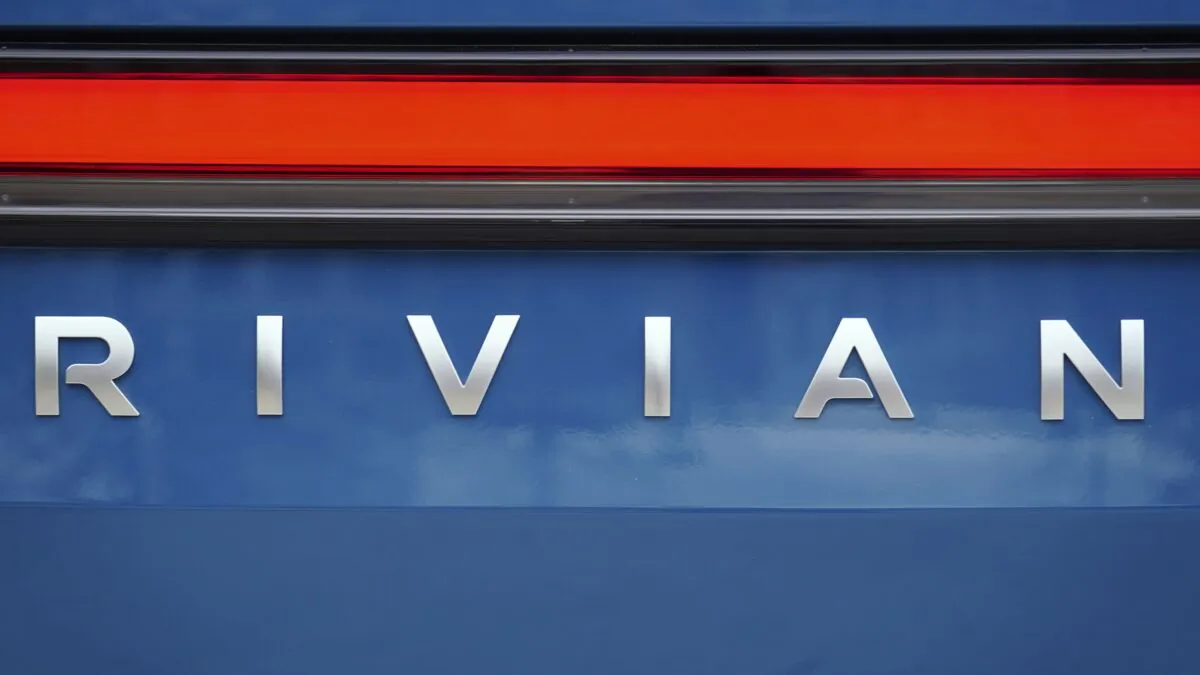 A Rivian logo is shown on one of the company's electric pickup trucks in Atlanta on Dec. 15, 2021. (John Bazemore/AP Photo)