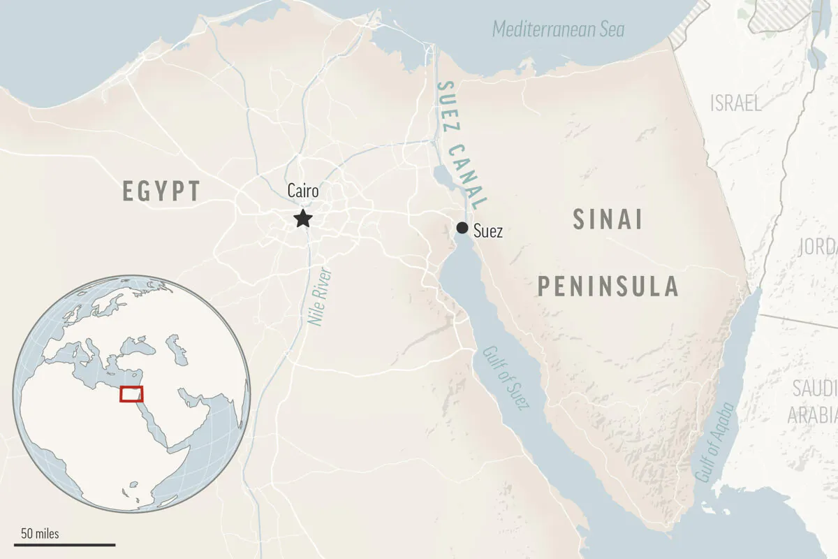 A locator map for the Suez Canal and the Sinai Peninsula in Egypt with its capital Cairo. (AP Photo)