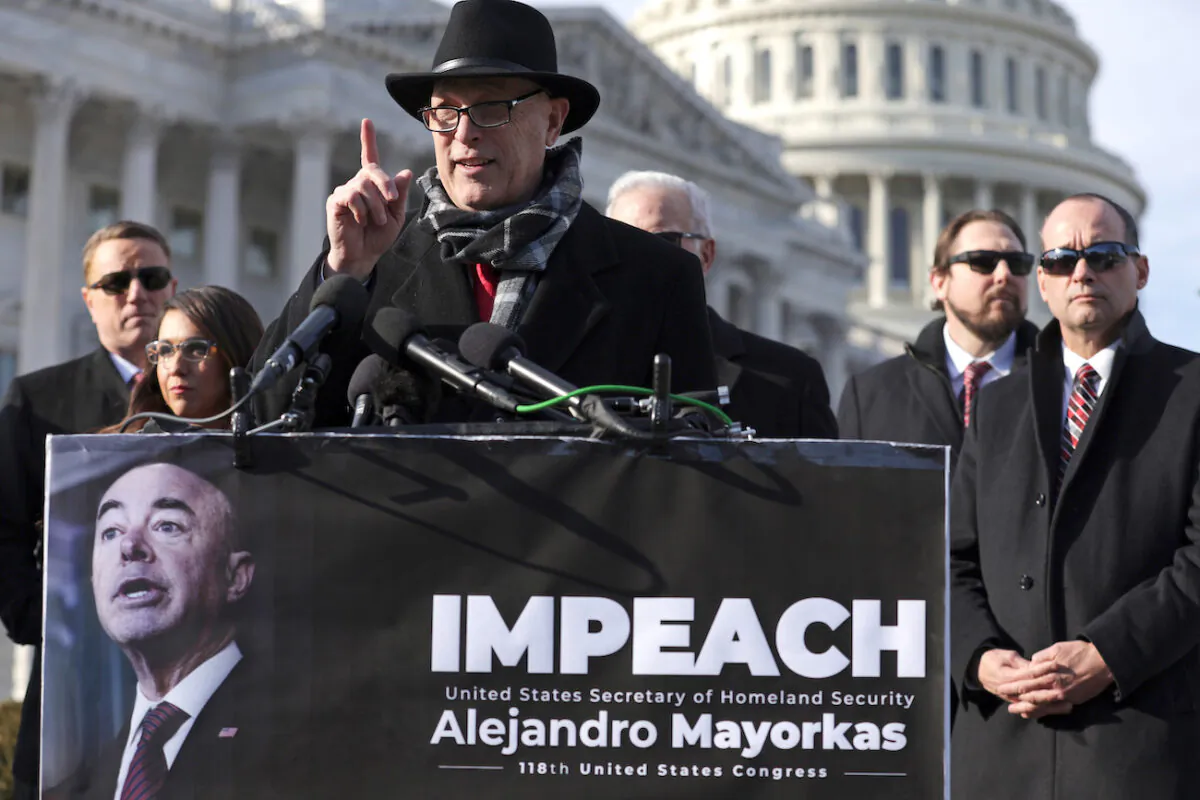 Rep. Andy Biggs (R-Ariz.) (C) speaks during a news conference in front of the U.S. Capitol in Washington, on Feb. 1, 2023. (Alex Wong/Getty Images)