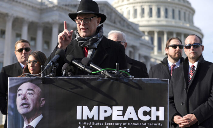 Rep. Andy Biggs (R-Ariz.) (C) speaks during a news conference in front of the U.S. Capitol in Washington, on Feb. 1, 2023. (Alex Wong/Getty Images)