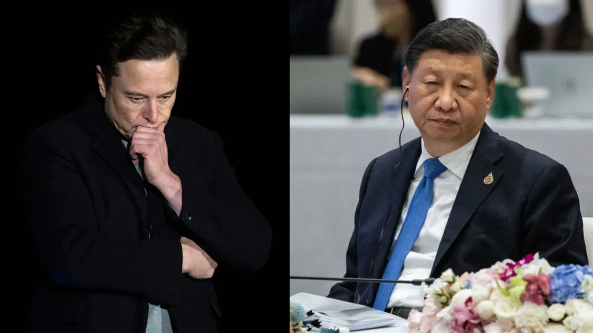Elon Musk (L) pauses and looks down as he speaks during a press conference at SpaceX's Starbase facility near Boca Chica Village in South Texas on February 10, 2022. Head of the Chinese Communist Party Xi Jinping (R) sits in on the APEC Economic Leaders handoff ceremony in the Queen Sirikit National Convention Center on November 19, 2022 in Bangkok, Thailand. (Photo by Jim Watson /AFP via Getty Images; Photo by Lauren DeCicca/Getty Images)