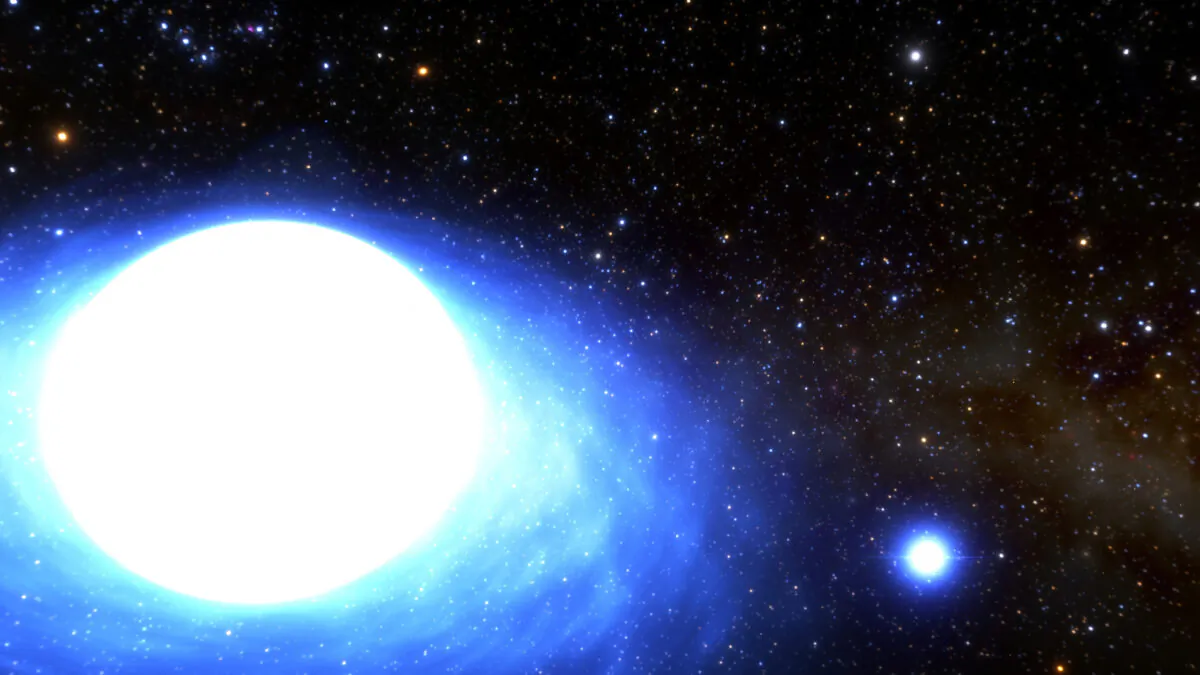 The binary star system CPD-29 2176, located about 11,000 light years from Earth in an undated illustration. (NOIRLab/National Science Foundation/AURA/J. da Silva/Spaceengine/Handout via Reuters)
