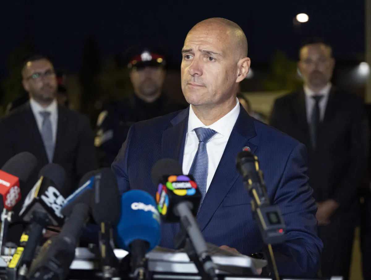 Toronto Police Association President Jon Reid speaks to the media at the scene of a shooting in Mississauga, Ont., on Sept. 12, 2022. (Arlyn McAdorey/The Canadian Press)