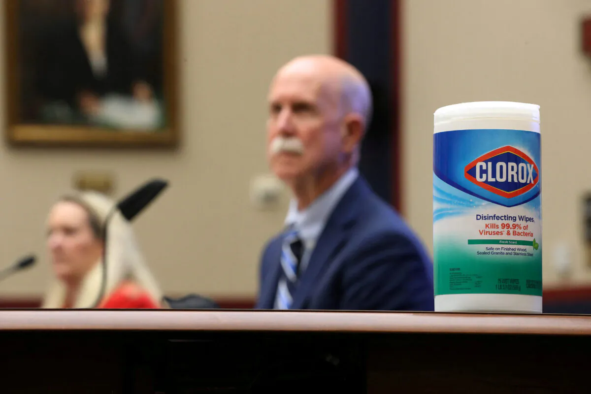 Clorox wipes available for members of the House Committee on Education and Labor, their staff and witnesses, are pictured during a hearing about the federal government's role in protecting workers during the COVID-19 outbreak on Capitol Hill in Washington on May 28, 2020. (Chip Somodevilla/Pool via Reuters)
