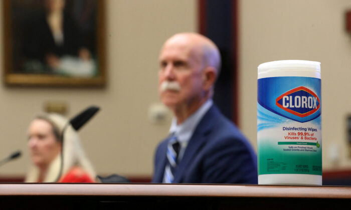 Clorox wipes available for members of the House Committee on Education and Labor, their staff and witnesses, are pictured during a hearing about the federal government's role in protecting workers during the COVID-19 outbreak on Capitol Hill in Washington on May 28, 2020. (Chip Somodevilla/Pool via Reuters)
