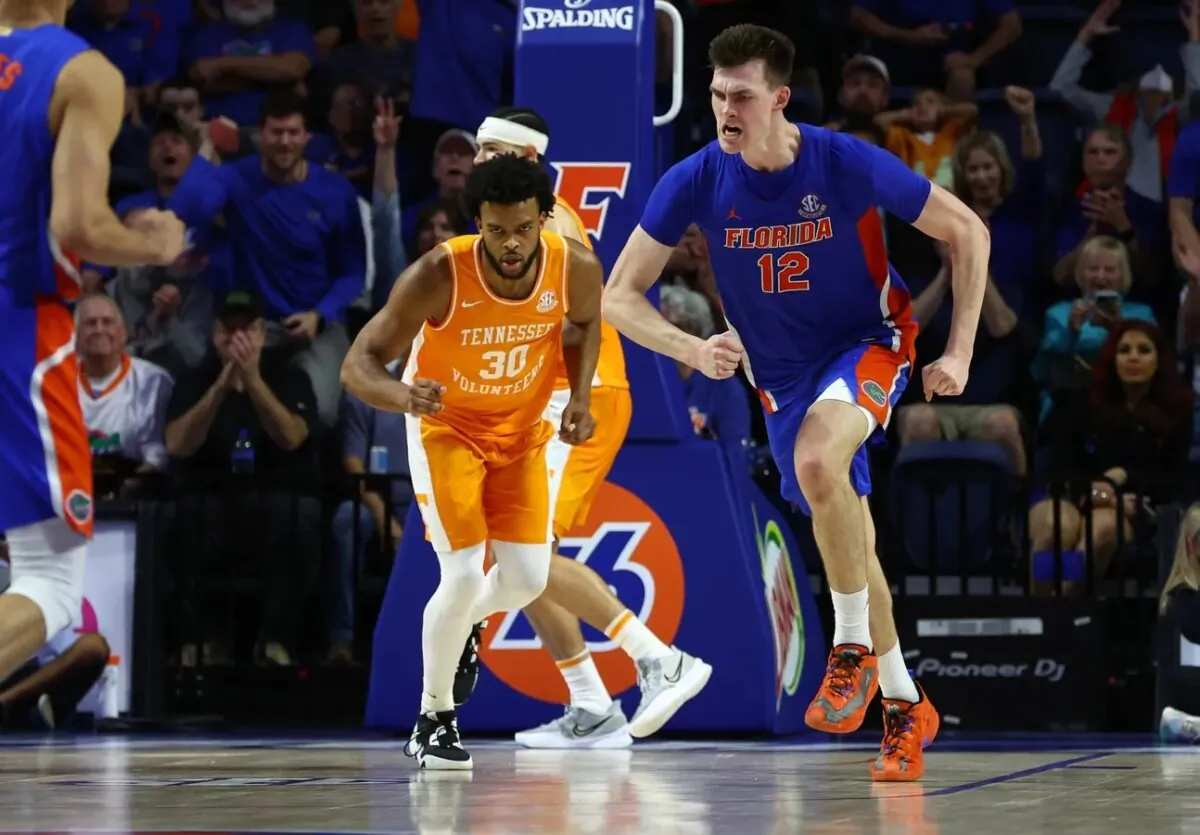 Florida Gators forward Colin Castleton (12) celebrates after he makes a basket against the Tennessee Volunteers during the second half at Exactech Arena at the Stephen C. O'Connell Center in Gainesville, Fla., on Feb. 1, 2023. (Kim Klement/USA TODAY Sports via Field Level Media)