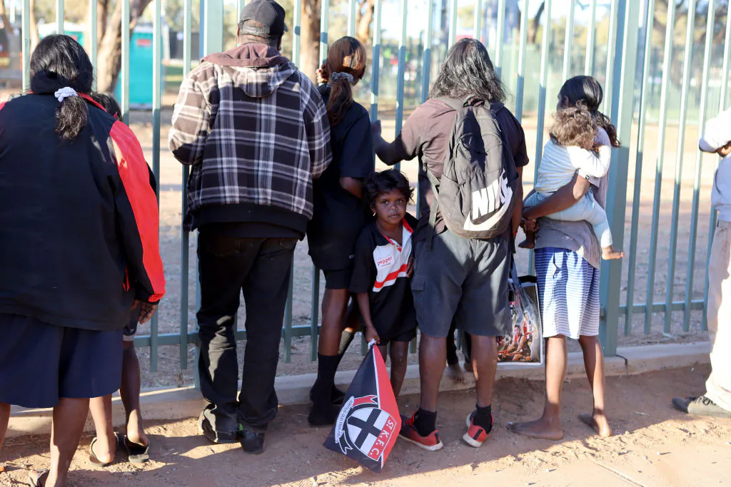 Fans waiting outside an Australian Football League match at Traeger Park in Alice Springs, Australia on Aug. 29, 2020. (Kelly Barnes/Getty Images)